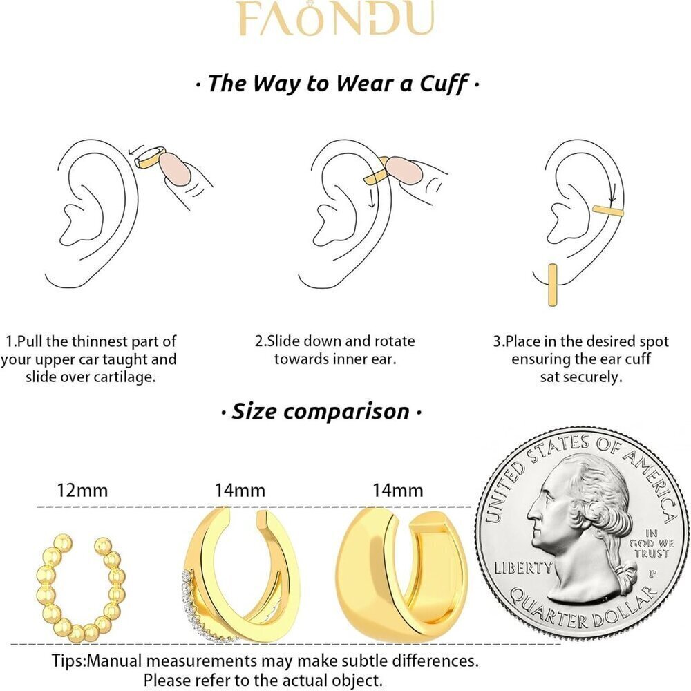 Sterling Silver Ear Cuffs Non Piercing 3 Pack Clip On Hypoallergenic Jewelry - Picture 5 of 6